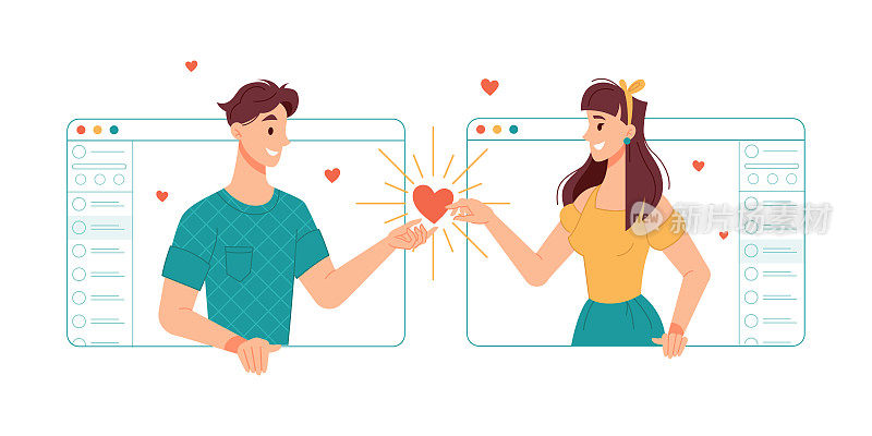 Boyfriend and girlfriend communicating online with help of internet and video call applications. Dating and match finder, love on distance, relationships and romance, chatting lovers in web vector